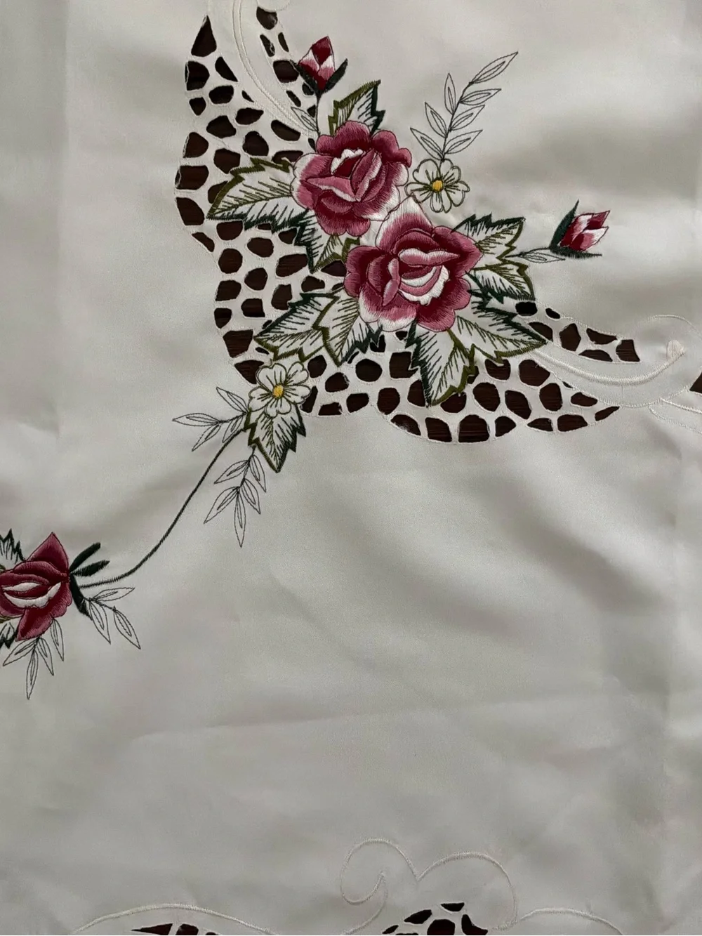 Vintage Embroidered Tablecloth 43” Square Rose Cut Out Design